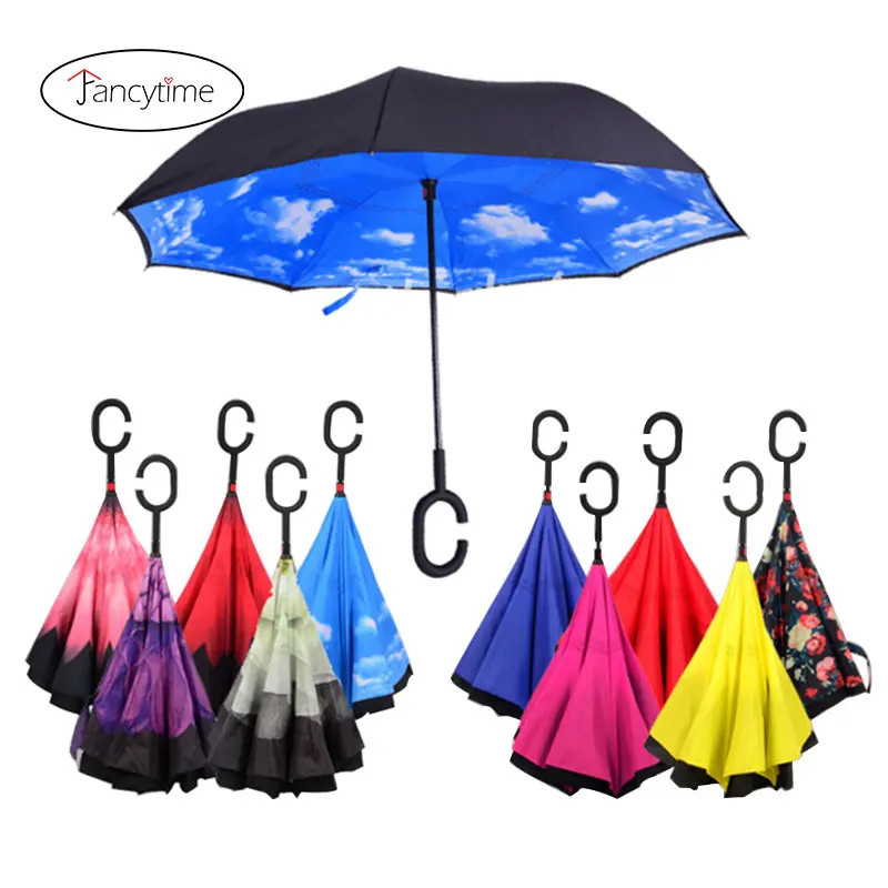 

Fancytime Windproof Reverse Umbrella Rain Women Folding Double Layer Inverted Umbrella for Men Self Stand Women's Umbrella
