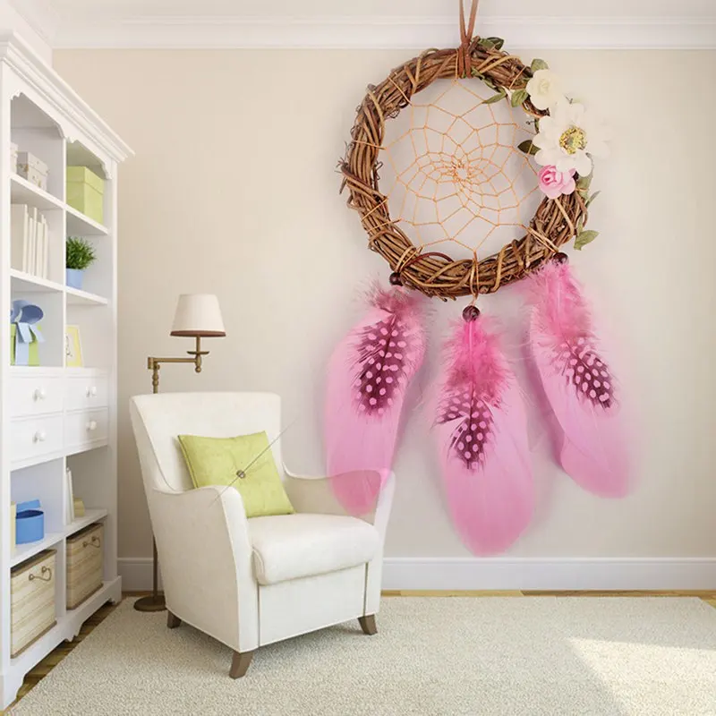 

Pink Feathers Traditional Handmade Dream Catcher Wall Hanging Decoration Craft Babies & Girls Bedroom Ornament Dream Catcher
