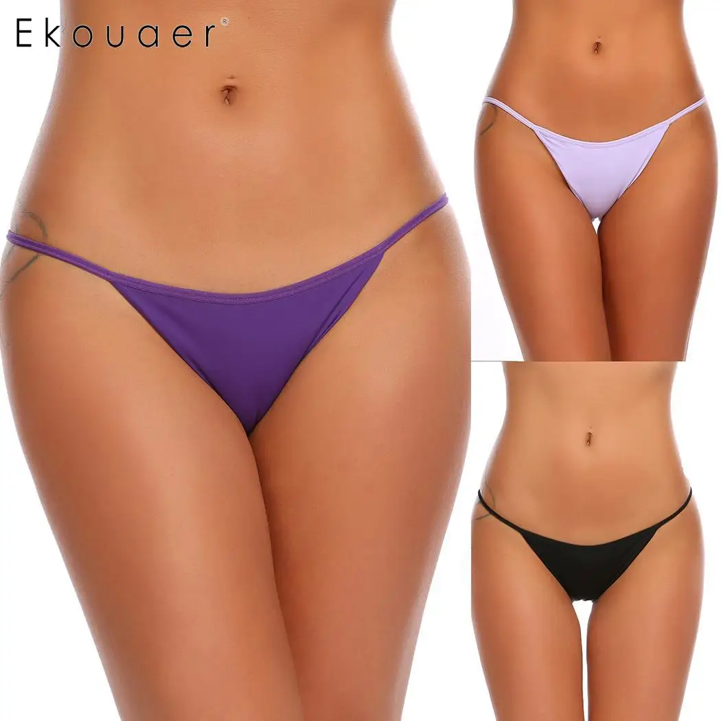 Ekouaer 3Pcs/Set Women Panties Sexy Solid Sleepwear Nightwear Lingerie Low Waist Sleek String Bikini Underwear Female Panty