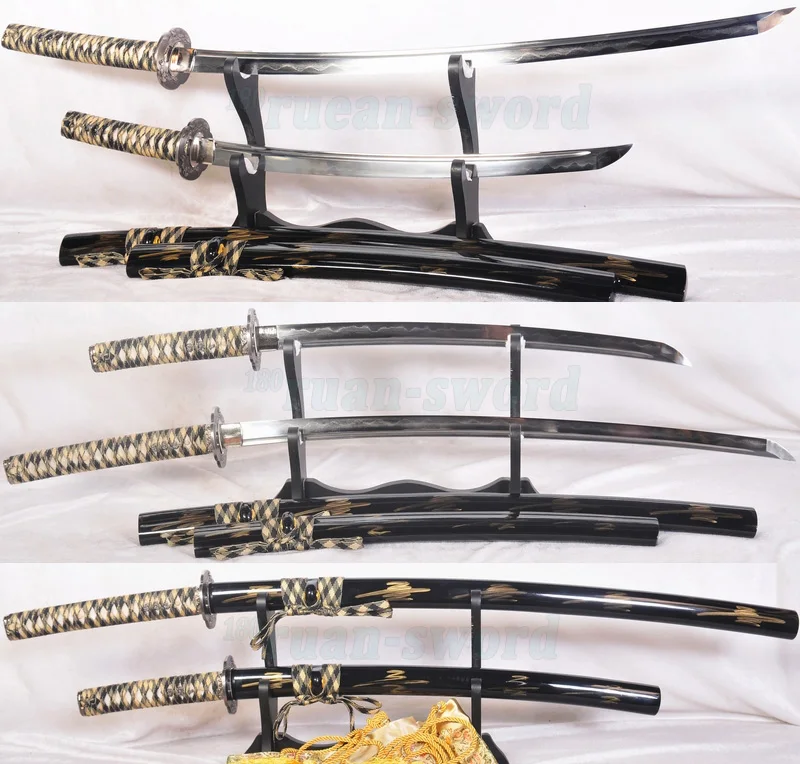 Soshu kitae) Clay Tempered Folded Steel Japanese Samurai Katana Sword Set(Katana+Wakizashi