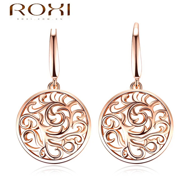 

ROXI Charms Dangle Earrings for Women Vintage Flower Pattern Rose Gold Color brincos Femme Jewelry Generou Long Elegant Earrings