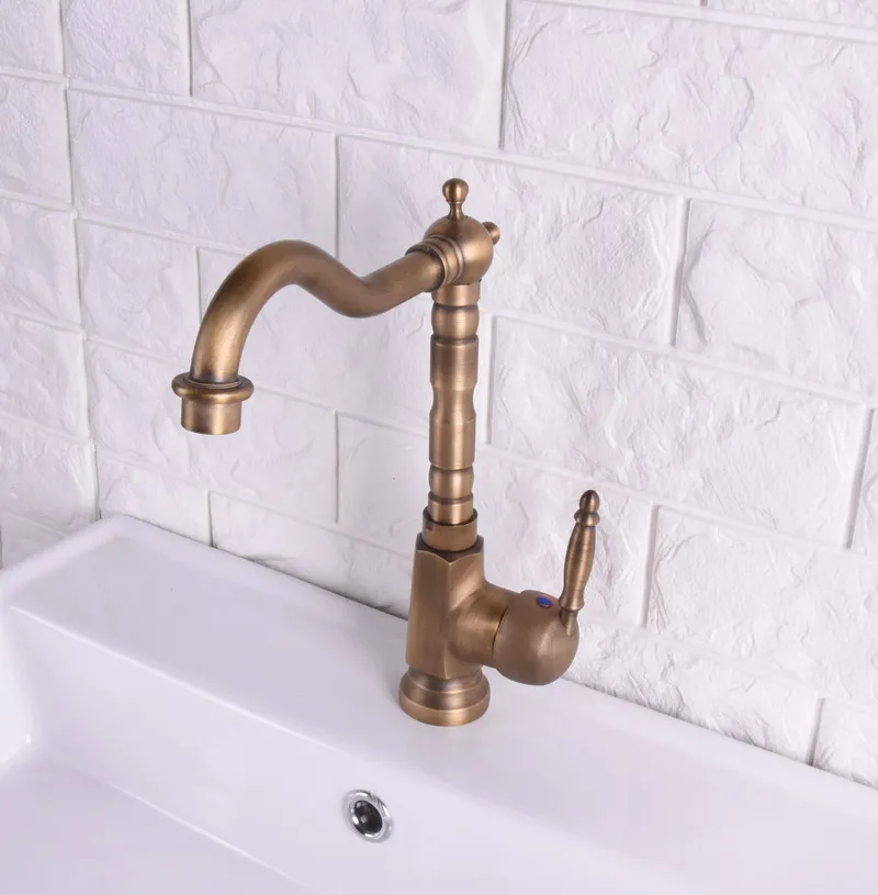 Vintage Retro Antique Brass Single Handle One Hole Bathroom Kitchen Basin Sink Faucet Mixer Tap Swivel Spout Deck Mounted msf113