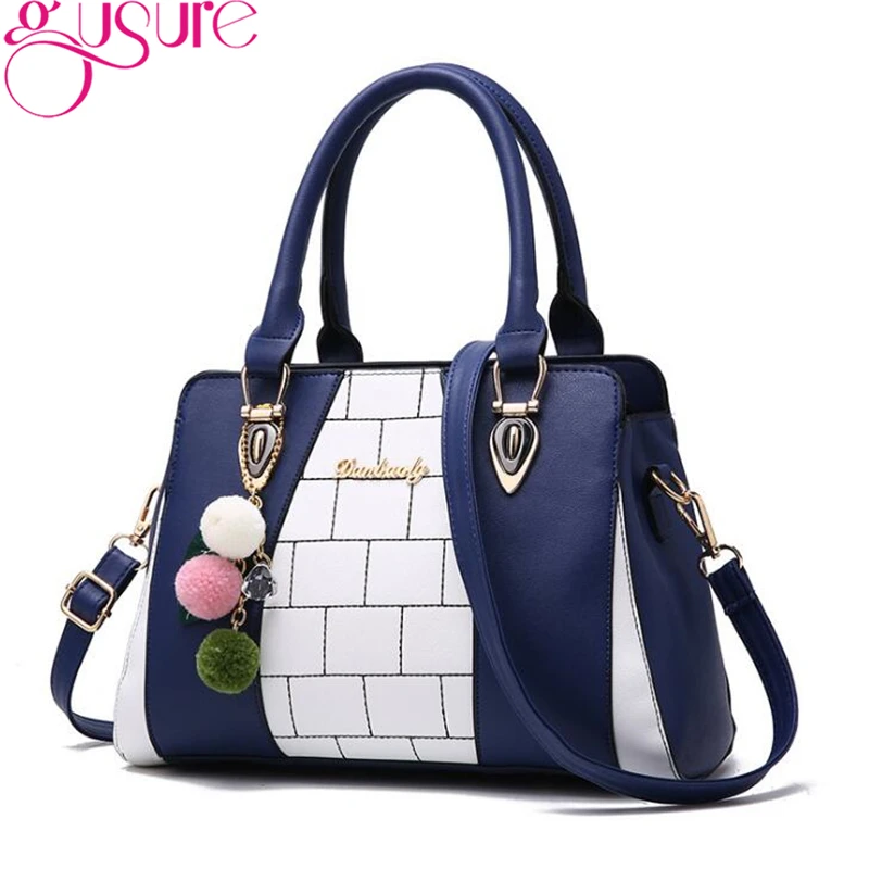 

Gusure Trendy Messenger Women Bag High Quality PU Leather Plaid Totes Lady Crossbody Bags Fashion Handbags with fur ball pendant