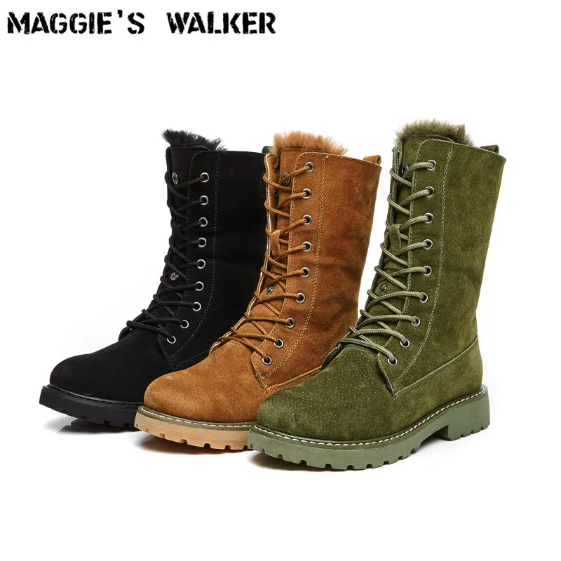 

Maggie's Walker Women Fashion Genuine Leather Pig Suede Boots Women Winter Warm Mid-calf Boots Lacing Snow Boots Size 35-40