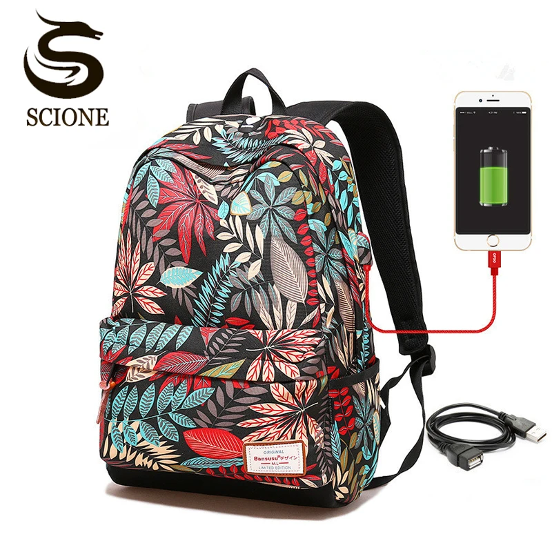 Hot Women USB charging laptop backpack for teenage students girls school backpack bag Printing Female Backpacks