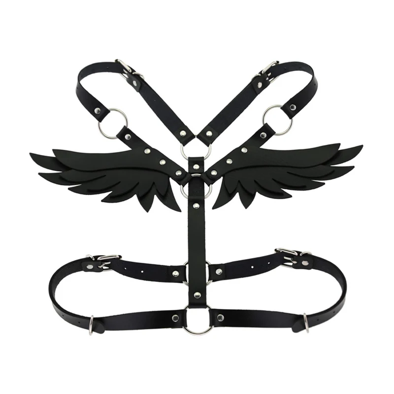 Gothic Punk Leather Body Harness Belt Angel Wings Harness women Black Ladies Belt Cage Belts Waist To Leg Bondage Waist Belt mymc women leather skirt belts ladies suspenders punk gothic rock harness waist metal chain body bondage hollow belt