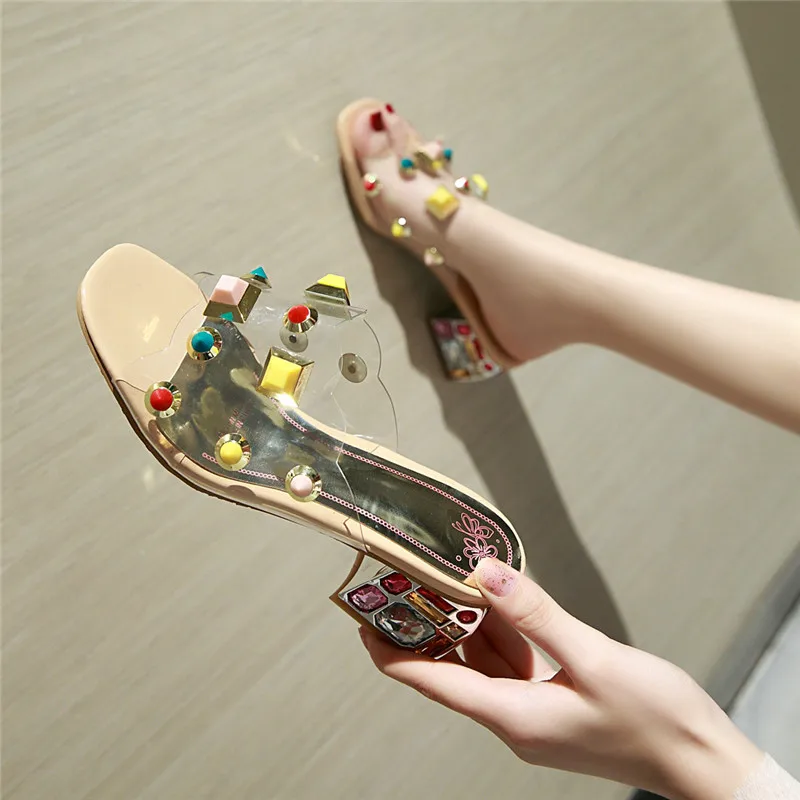 MORAZORA new fashion women sandals pvc rivet transparent summer sandals square heels party wedding shoes woman slipper