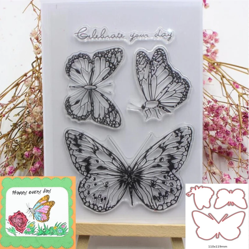 

Lovely Butterfly Metal Cutting dies and Clear Stamp Set for DIY Scrapbooking Photo Album Decoretive Embossing Stencial
