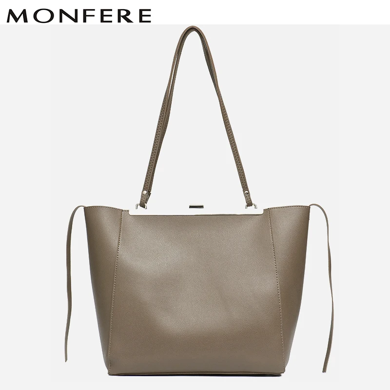 

MONFERE Brand Fashion Women Handbag Vintage PU Leather Bag Large Capacity String Tote Bag Ladies Big Metal Frame Shoulder Bags