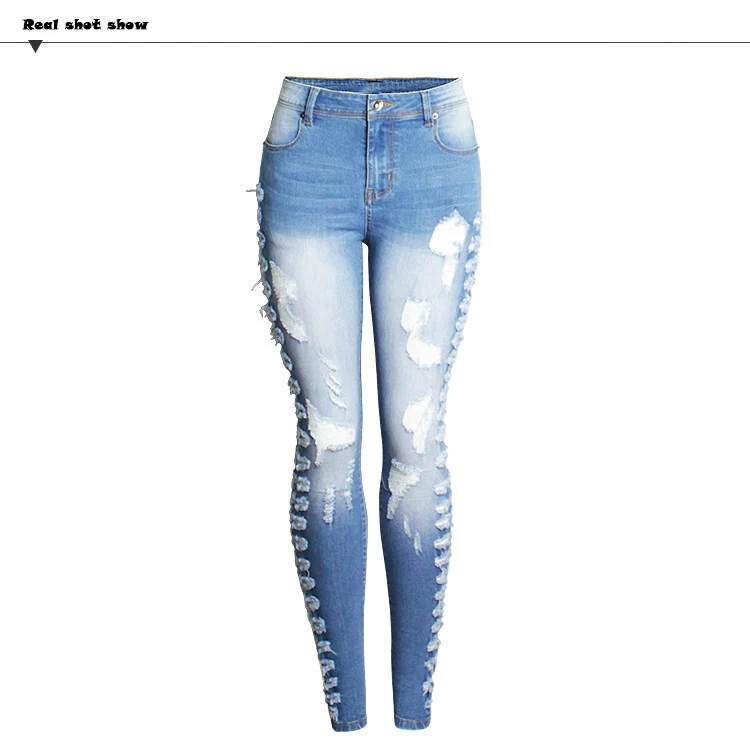 2017 autumn and winter fashion Europe and the United States foreign trade women's holes Slim stretch jeans feet pencil jeans (3)