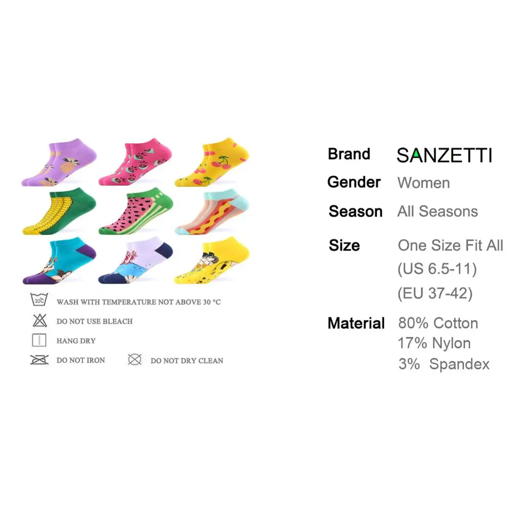 SANZETTI, 9 пар/лот, женские летние повседневные цветные носки из чесаного хлопка, короткие носки, веселые смешные короткие носки, носки с фруктами, масляными рисунками