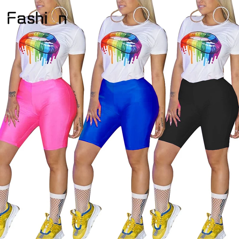 Womens Summer 2 Piece Basic Set Tie Dye Biker Pant Swing Sportwear Tracksuit