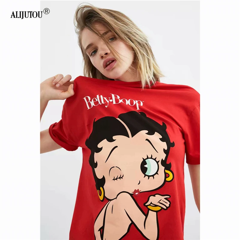 2019 zaraing betty boop Woman Spring Summer Girls Print Short Sleeve O Neck Cotton red t shirt Top Soft Tops Quality Tee