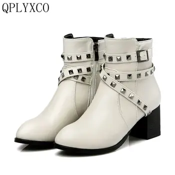 

QPLYXCO 2017 Super Big &small Size 30-48 Autumn Winter Boots Genuine Leather shoes Women's short Boots High Heel 116-6