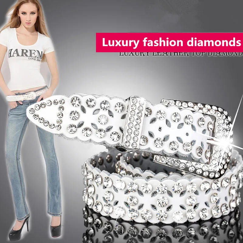 

Rhinestone Women's belts female genuine leather belt diamond decoration fashion simple wild jeans with white long new 2019