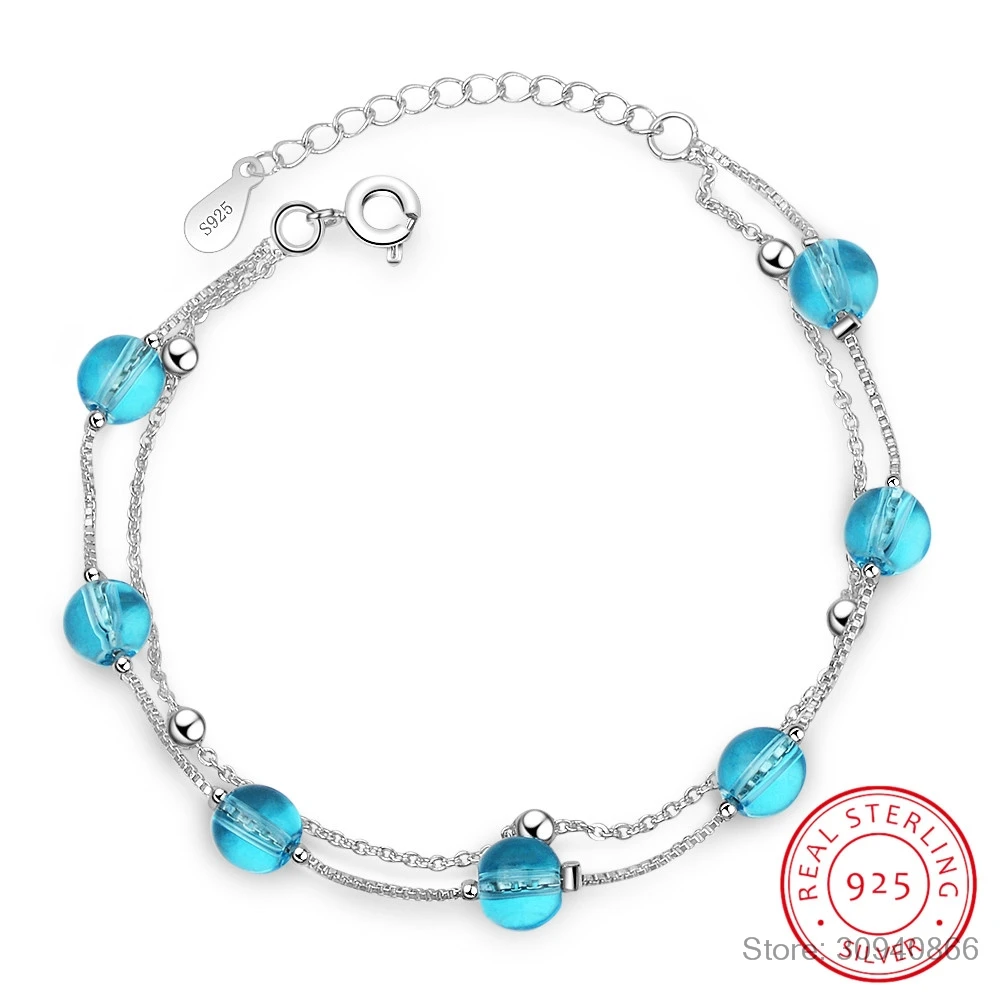 

New Fashion Double Layer Blue Crystal 925 Sterling Silver Jewelry Personality Sweet Transfer Beads Bracelets SB166