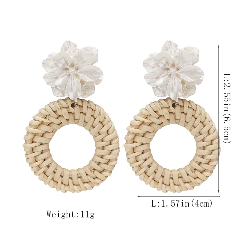 MANILAI Handmade Wooden Straw Weave Earrings Fashion Rattan Weaving Flower Circle Big Earrings Women Jewelry Purple White Color