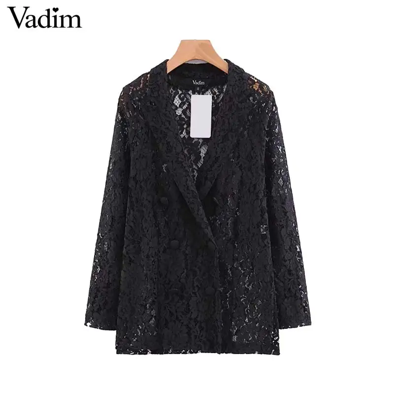 

Vadim women black lace blazer double breasted long sleeve notched collar jacket coat female outwear transparent top CA367