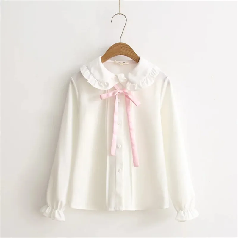 

2018 Women blouses girls autumn long sleeve peter pan collar pink bowknot white blouse shirt Japanese school uniform PZ164