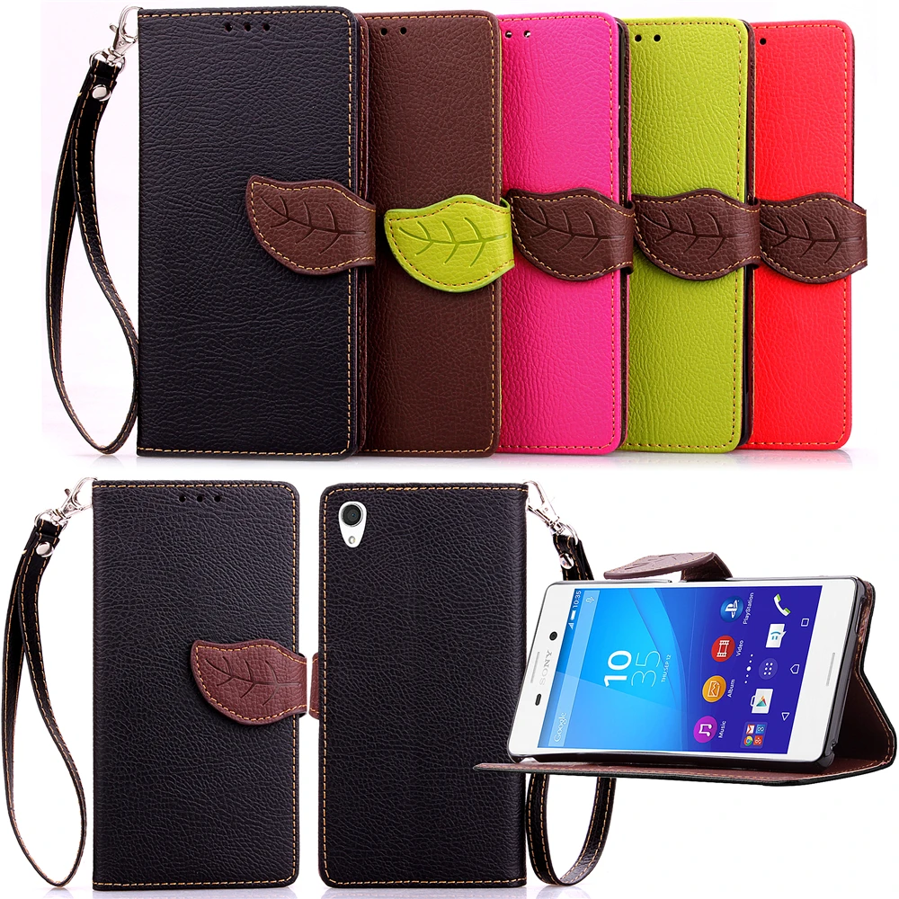 Leaf Top quality lychee flip stand leather phone case for Sony M2 / M4 aqua M5 Luxury |