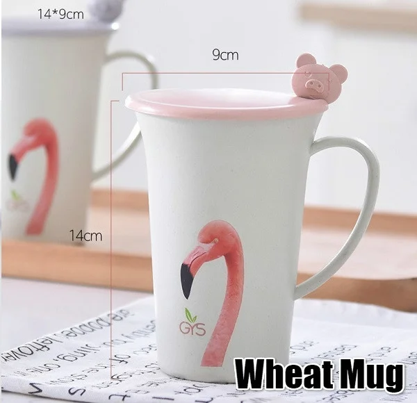 

Reusable Flamingo Wheat Straw Mug Office Coffee Cup Student Cup with Lid & Spoon Stirring Mug