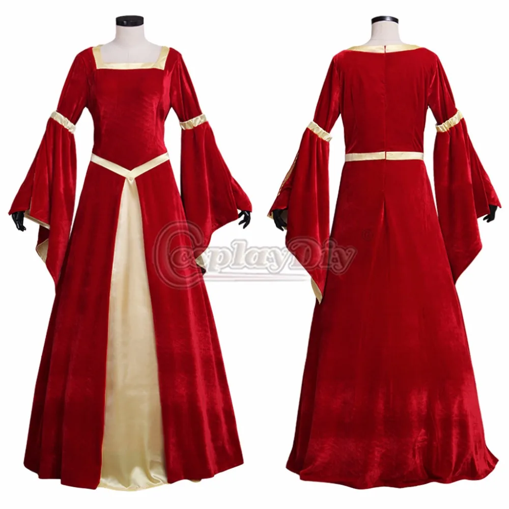 

Custom Made Medieval Velet Dark Red Yellow Lined Trampet Sleeves Dress Adult Women Wedding Dress Fancy Halloween Party Dress