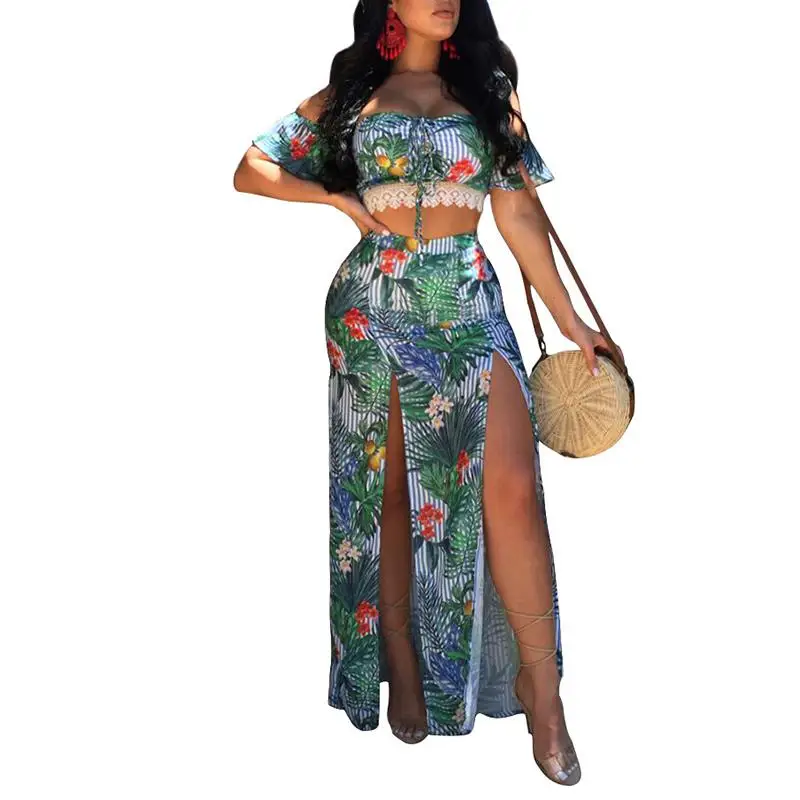 Принт Sexy Boho Для женщин 2 предмета Комплект топ с высоким Разделение Макси Цветочные с открытыми плечами юбка комплект Для женщин летние