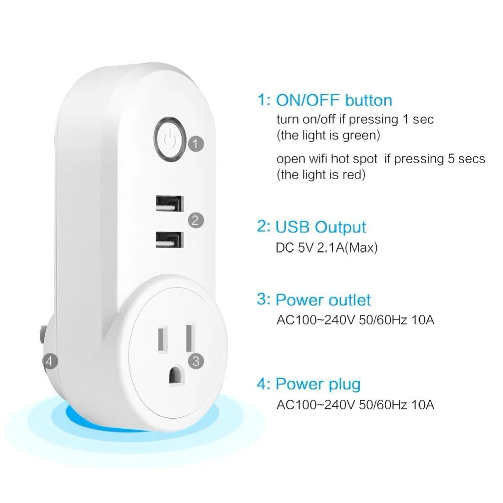 Wi-Fi управление розетка таймер умная розетка США вилка 10А розетка и 2 USB зарядное устройство Голосовое управление работа с Alexa Google iFTTT