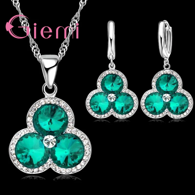 

Women Ladies Beautiful Flowers Shape Design 925 Sterling Silver Green Cubic Zirconia Pendant Necklace Earrings Jewelry Sets