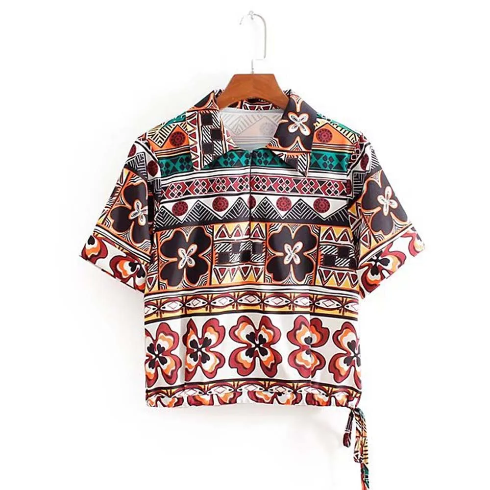 

ANSFX Fashion Colorful Geometry Floral Contrast Color Turn-down Collar Pullover Blouse Short Sleeve Shirt Women Crop Tops Blusas