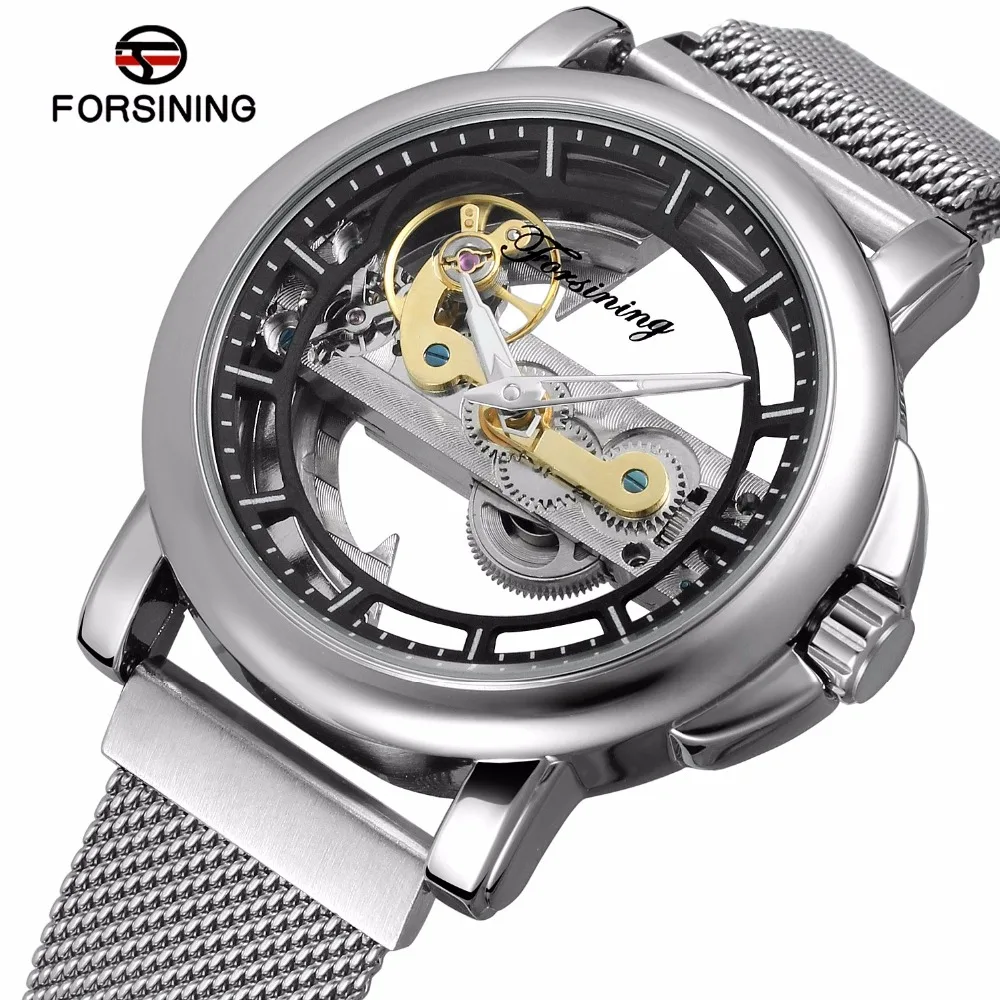 

Forsining Automatic Watch Men's Mechanical Watch Top Brand Luxury Transparent Skeleton Watches Silver Mesh Stainless Steel Band