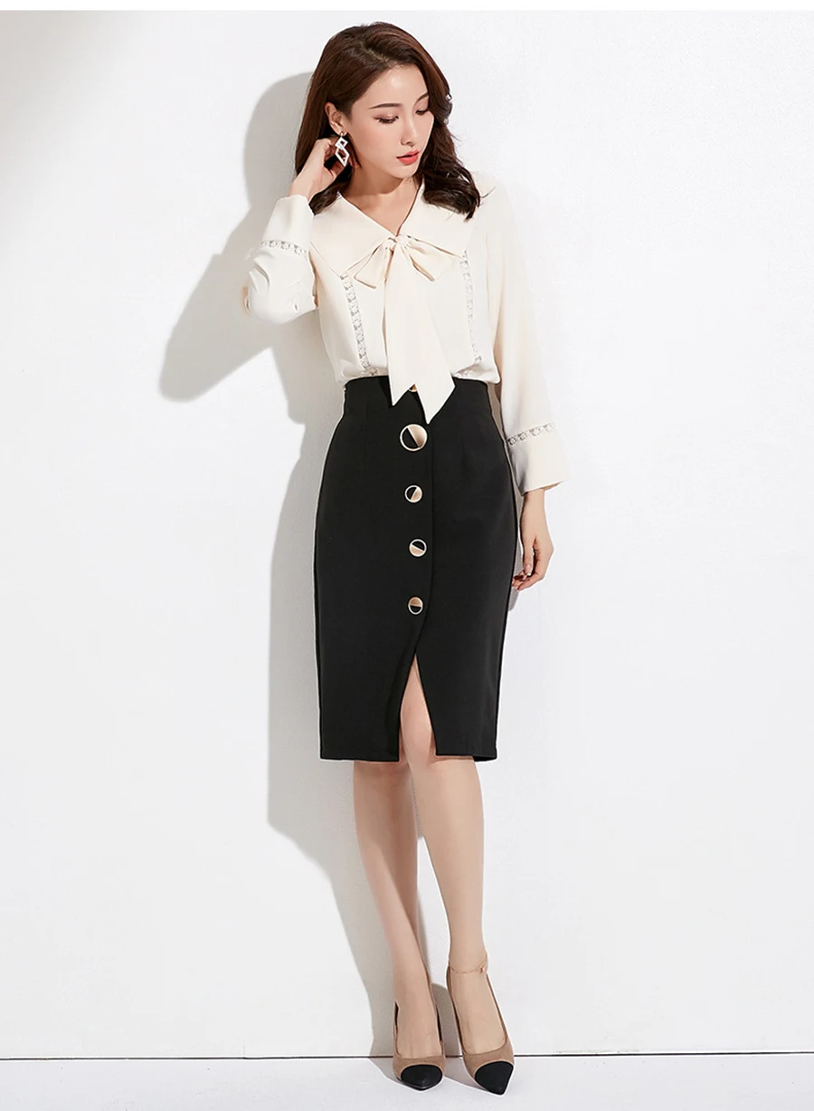 Autumn Winter Women Sexy Skirts High Waist Black Knee-Length Splitting Skirt Office Lady Business Type Wrap Skirt Single Button (13)