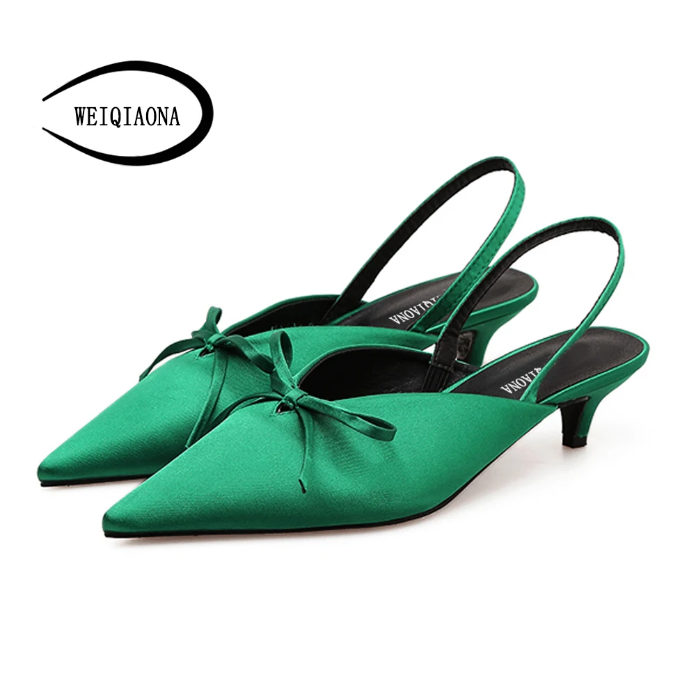 

WEIQIAONA New Fashion summer Women's Silk sandals butterfly-knot low Heels pointed ankle strap pumps party shoes dress shoes