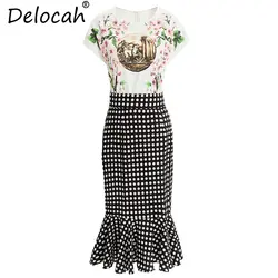 Delocah Для женщин летние Повседневные комплекты одежды модель последних модных показов; короткий рукав топы с цветочным принтом, футболка +