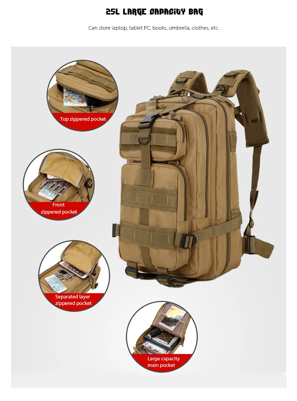 Outdoor Army Tactical Bag Laptop Bag 25L Travel Backpack Molle Trekking Camping Rucksack Military Hiking Trekking Camouflage Bag