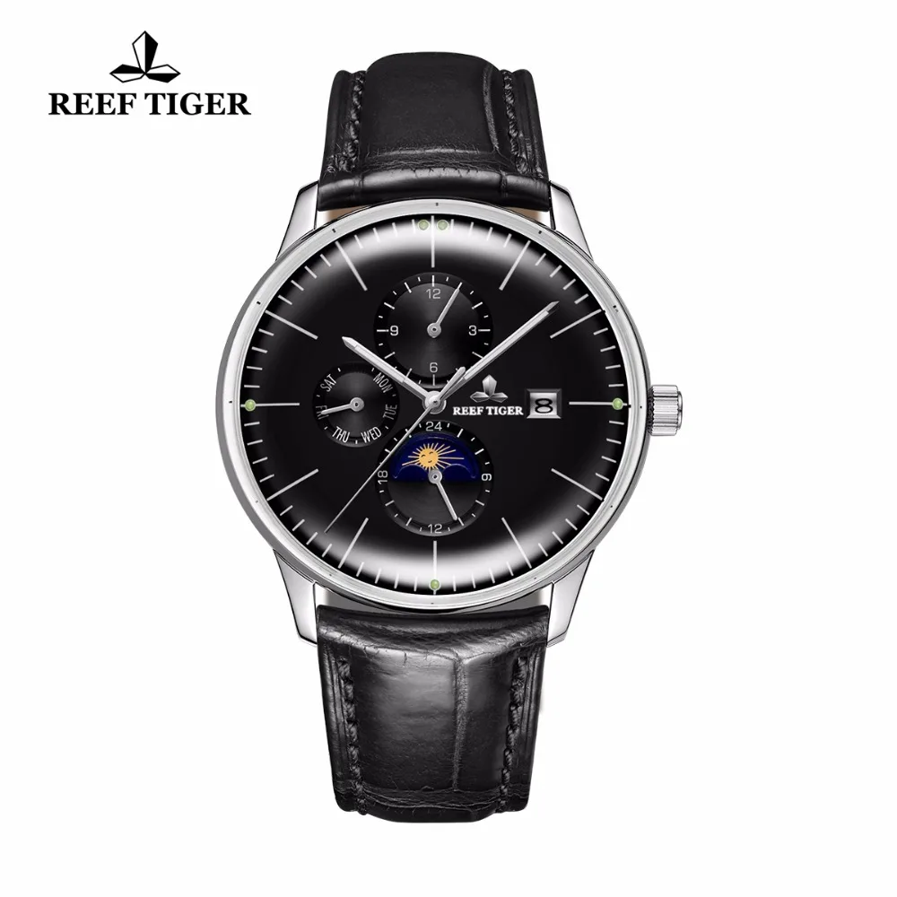  Reef Tiger/RT Fashion Mens Watches Moon Phase Date Automatic Watches for Men Leather Strap Waterpro