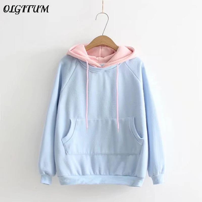 

Winter New Girl Long-Sleeved Loose Contrast colorSweatshirt Korean Plus Velvet Thickening Hooded Sweashirt Female Student SS216