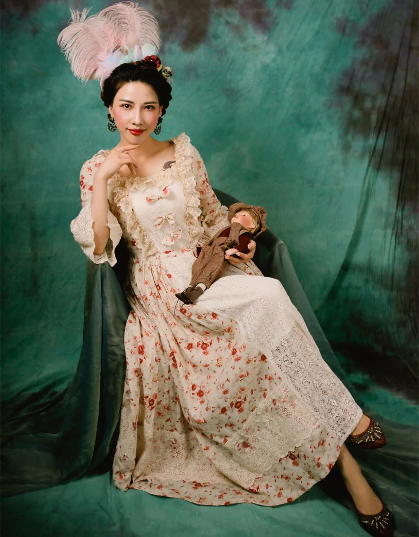 

LYNETTE'S CHINOISERIE Spring Autumn Original Design Women Floral Print Baroque Vintage Lace Patchwork Slim Cotton Linen Dresses