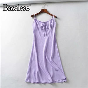 Bazaleas винтажное французское платье миди на бретельках с анисовым принтом в горошек, зеленое летнее платье, модные тонкие платья, Прямая поставка - Цвет: C24 dot purple 1254