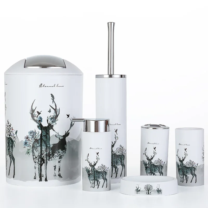 Nordic 6pcs/set Printing Bathroom Accessory Set Lotion Dispenser Toothbrush Holder Tumbler Cup Soap Dish Toilet Brush Trash Can Nordic 6pcs/set Printing Bathroom Accessory Set Lotion Dispenser Toothbrush Holder Tumbler Cup Soap Dish Toilet Brush Trash Can