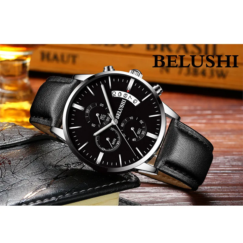 Мужские часы, водонепроницаемые, с календарем, хронограф, наручные часы для мужчин, s, деловые, повседневные, кварцевые часы для мужчин, Belushi, люксовый бренд - Цвет: Shell Black Belt