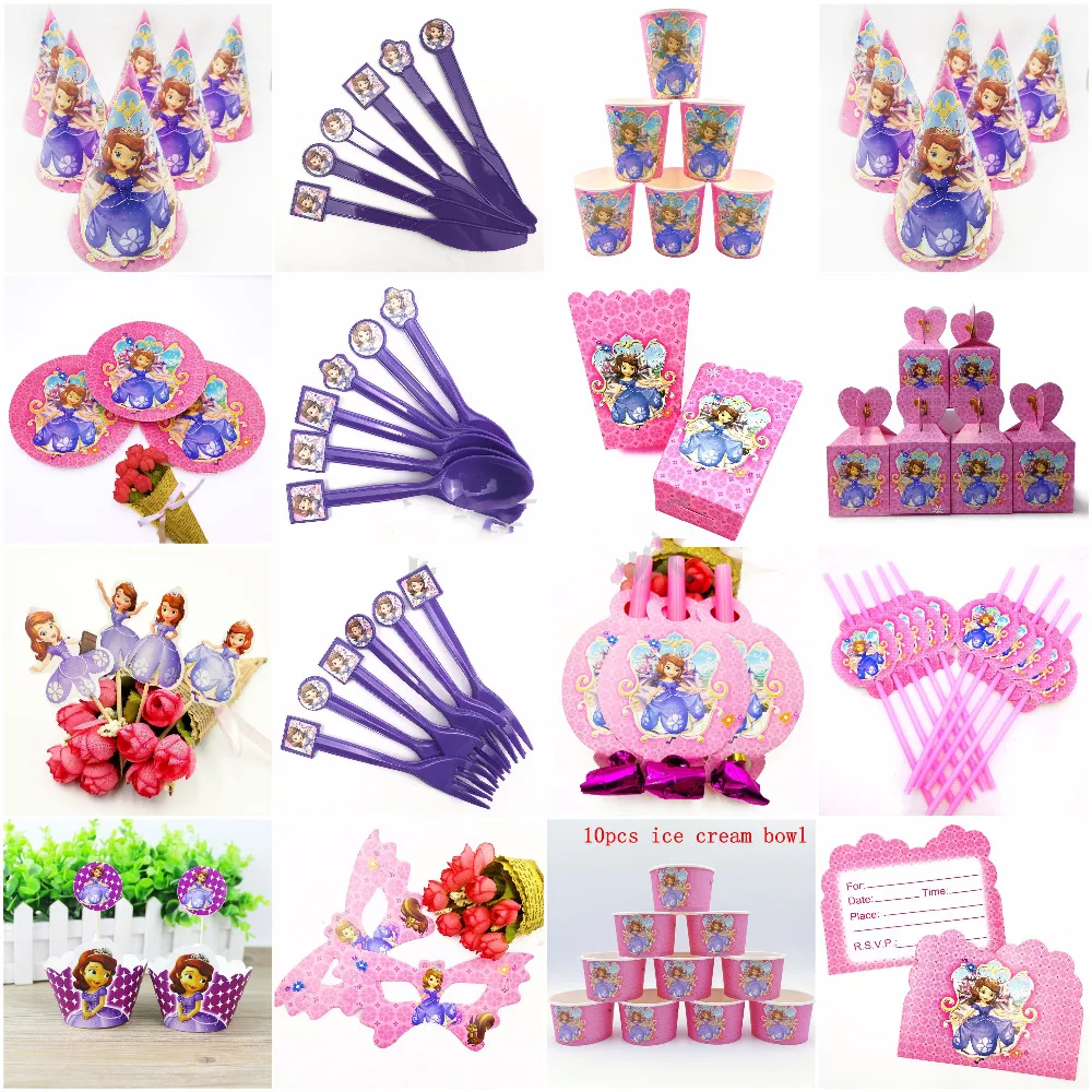 

Princess Sofia Birthday Party Supplies Decoration Kids Disposable Parties Tableware Plates Cups Tablecloth Masks Set Baby Shower
