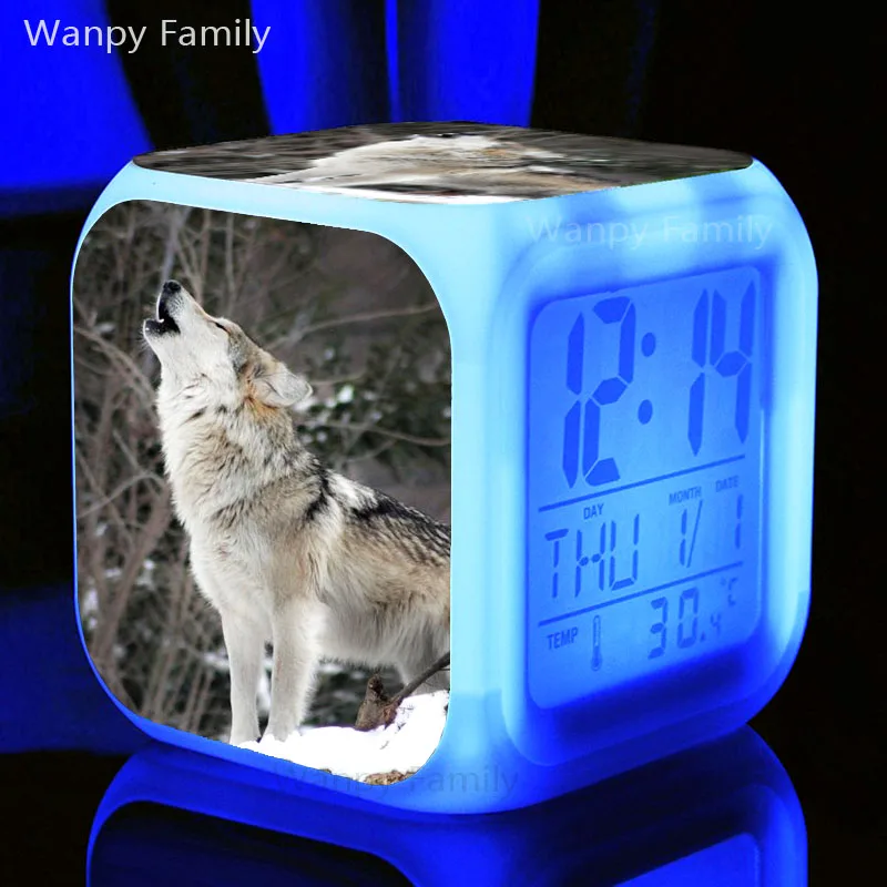 [Wanpy family] Будильник Arctic Wolf для детской комнаты, прикроватной тумбочки для спальни, настольные часы, меняющие цвет, цифровой будильник