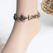 Women’s Handmade PU Leather LOVE Flower Rose Bronze Metal Ankle Anklet Foot Bracelet Sandals Barefoot Vintage Style Retro Gothic