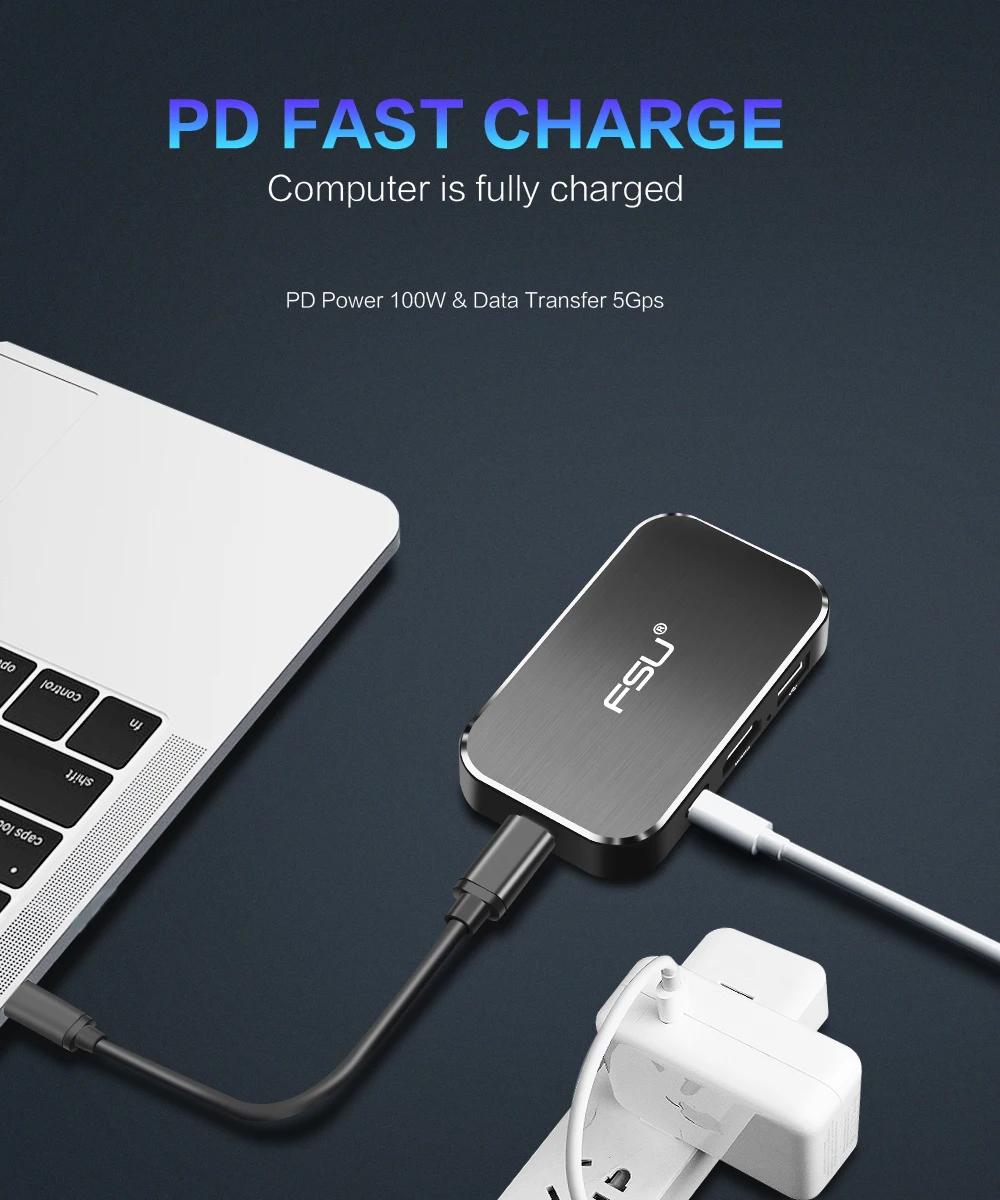 Usb-концентратор FSU 4K 60HZ USB C на HDMI адаптер 100W зарядка PD 3USB 3,0 разъем для MacBook huawei mate 20 P20