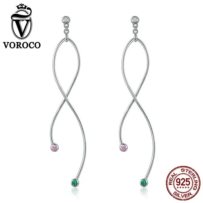 VOROCO настоящие 925 пробы Серебряные длинные висячие серьги для женщин Свадебные обручальные серебряные минималистичные ювелирные изделия подарок BNE037