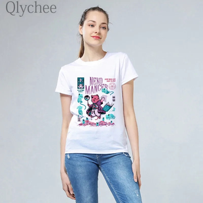 Женские футболки с коротким рукавом Qlychee Harajuku NEKO свободные летние вырезом