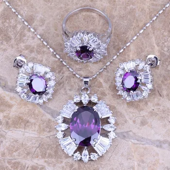

Purple Cubic Zirconia White CZ Silver Plated Jewelry Sets Earrings Pendant Ring Size 6 / 7 / 8 / 9 / 10 S0029