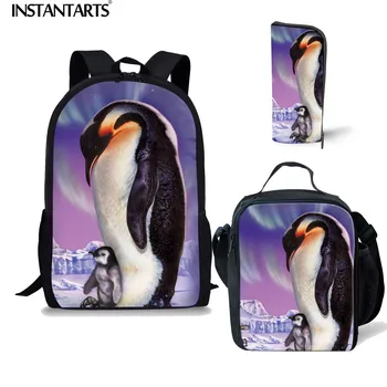 

INSTANTARTS Girl Boy Cute Animal Print Set Backpack Purple Space Stars Galaxy Penguin Teenager Junior Schoolbag Children Satchel