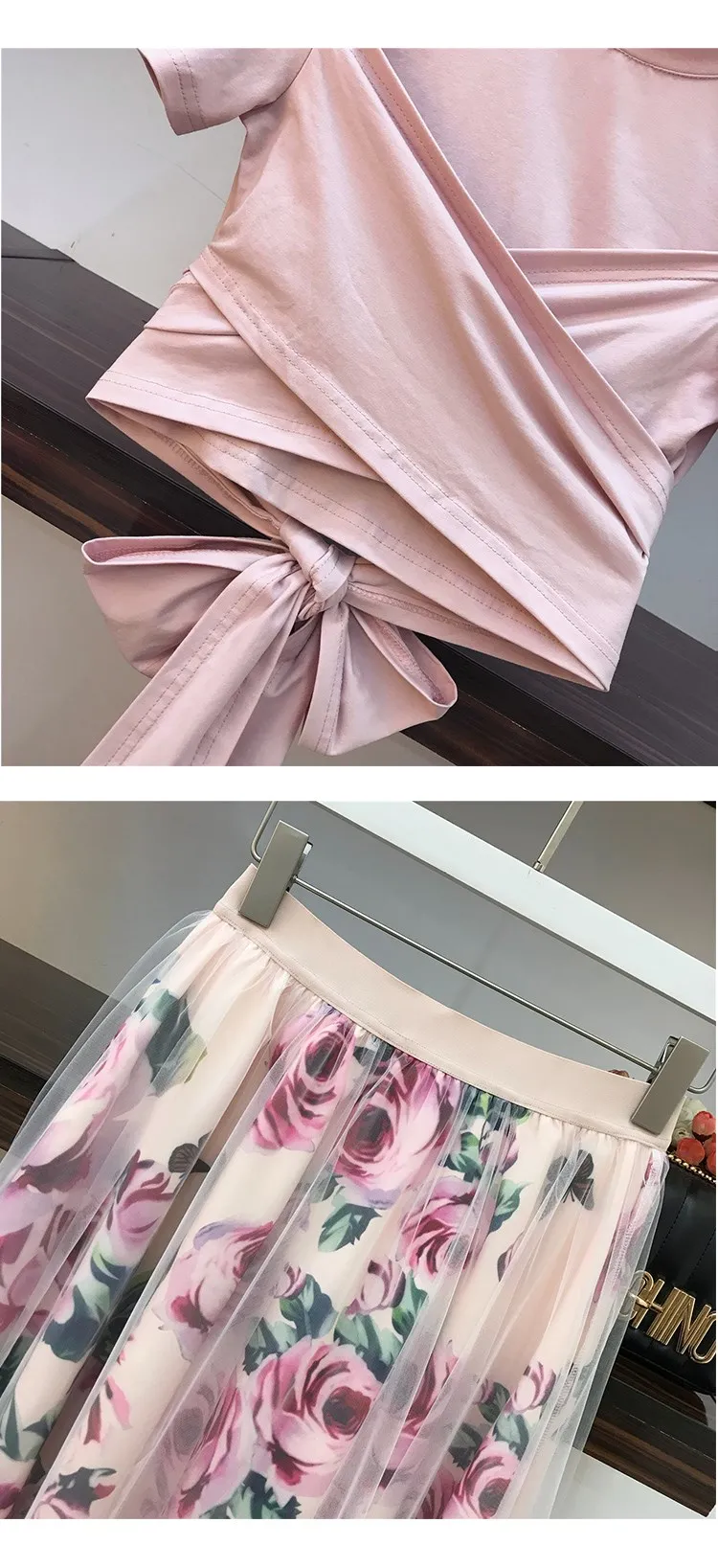 feminino flor pring malha saia algodão irregular camiseta casual peça conjunto bowknot rosa colheita topos floral saia conjuntos